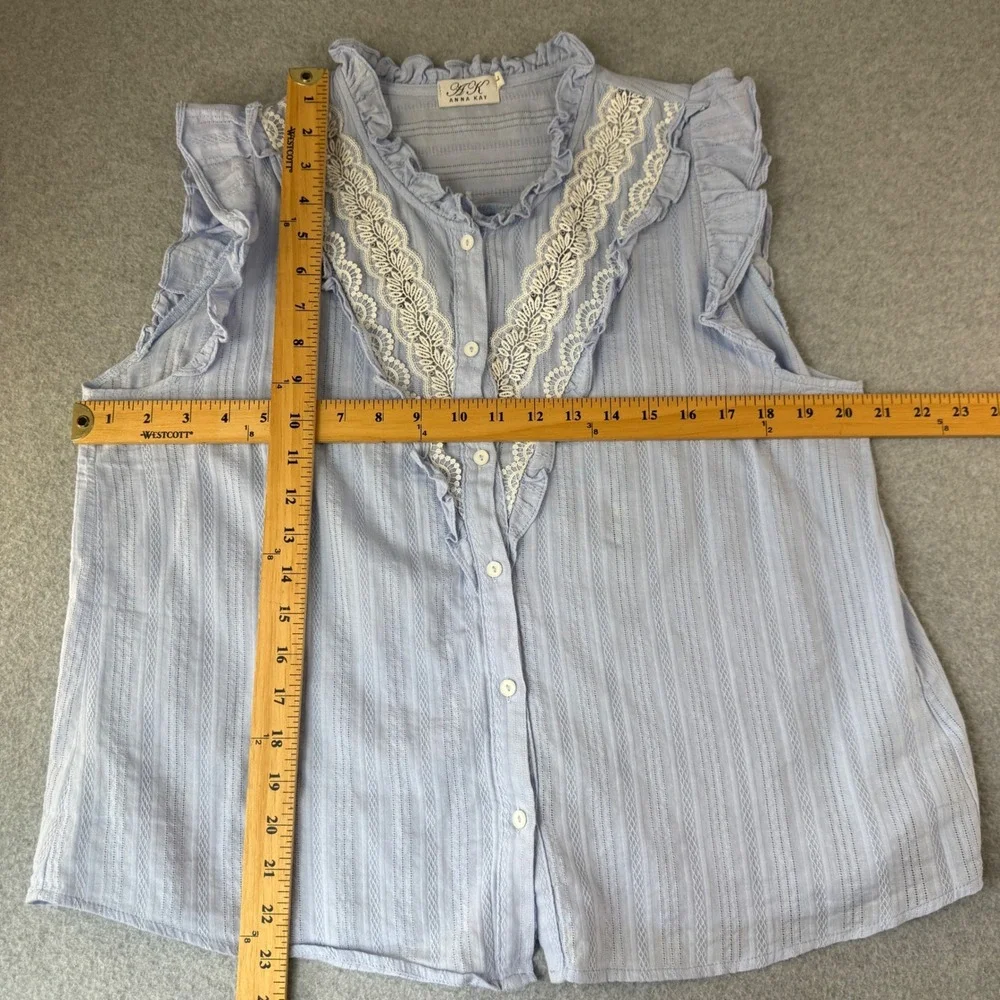 Anna Kay Ruffle Blouse Sleeveless Button Down Top Lace Trim‎ Prep Sky Blue Large - Picture 2 of 12